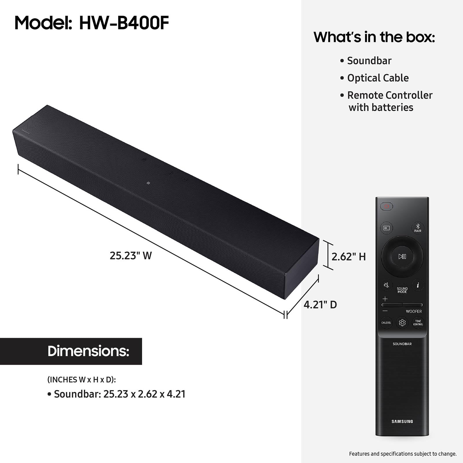 Barra de sonido 2.0 con subwoofer incorporado Samsung HW-B400F