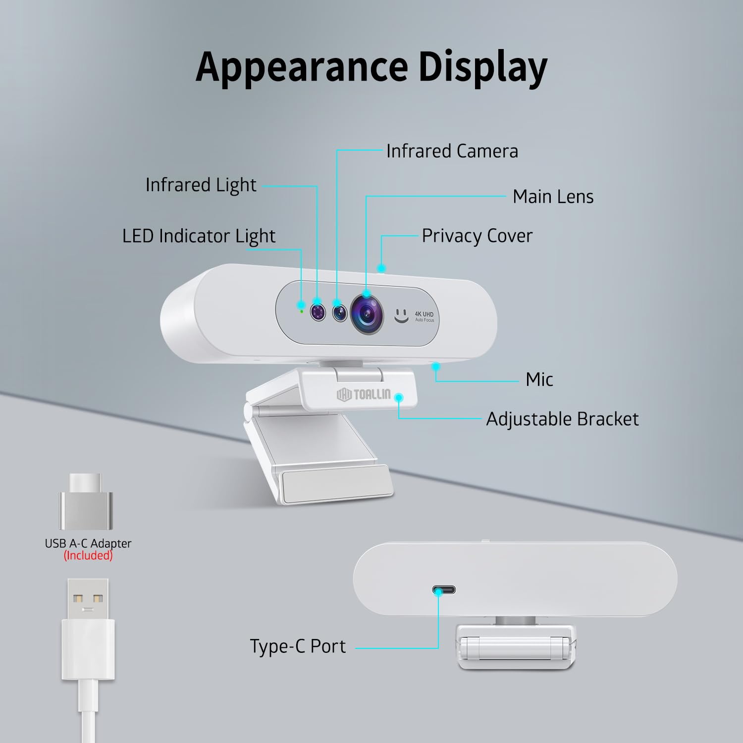 TOALLIN 4K UHD Webcam for PC, Windows Hello Compatible Web Camera, Facial Recognition, Autofocus, Built-in Mic & Privacy Shutter, USB Webcam for Laptop/Desktop, Online Meetings, Streaming, Video Calls