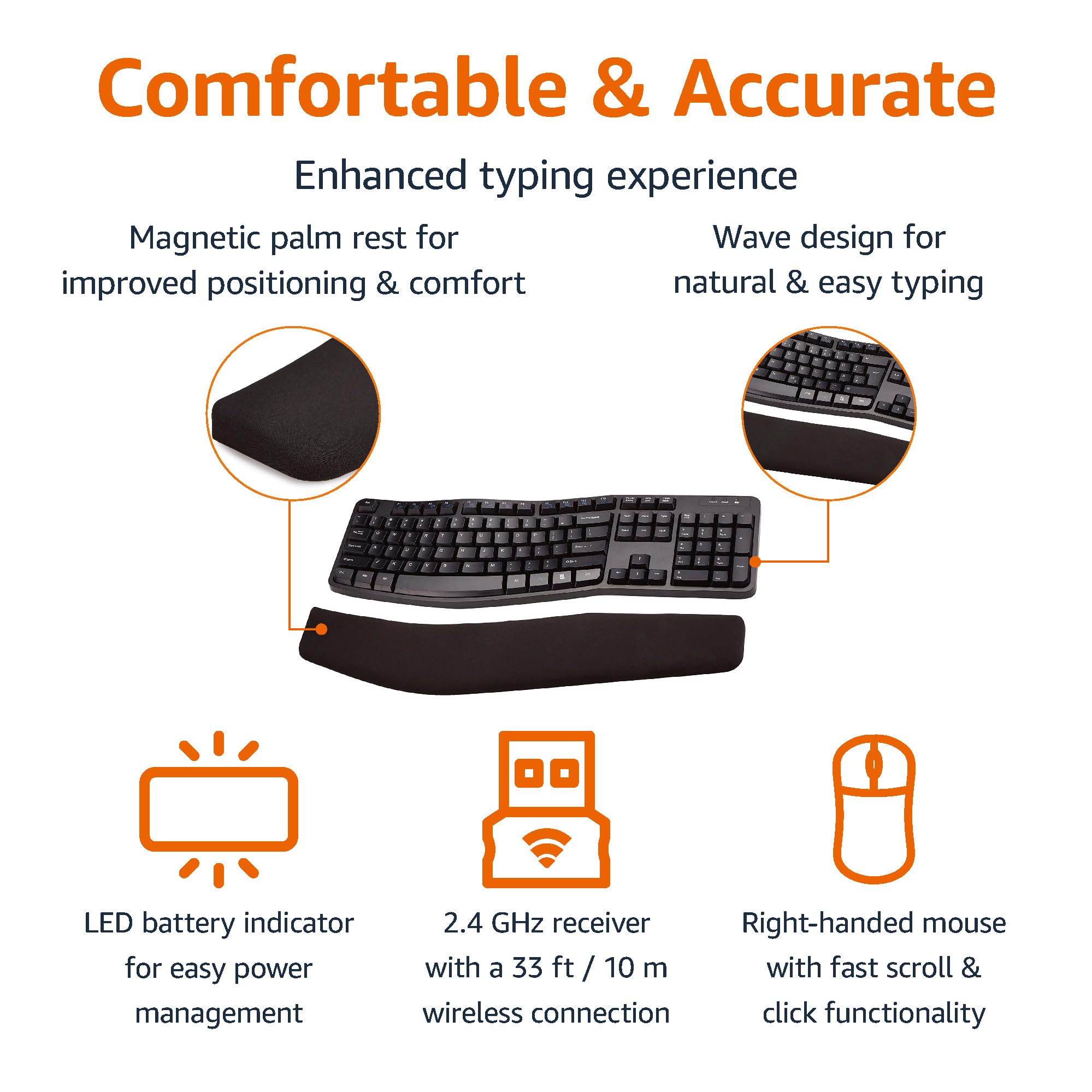 Amazon Basics Ergonomic Wireless Keyboard and Mouse Combo with Wrist Rest, Plug and Play, 2.4 GHz USB, Easy to Use, Black