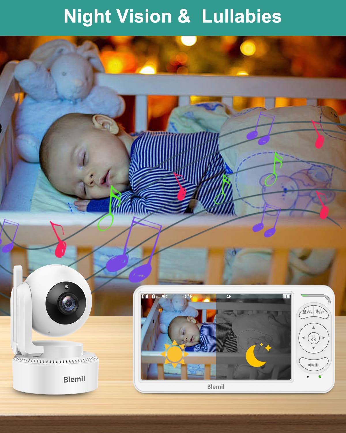 Blemil 6" Baby Monitor with 2 Cameras 4000mAh Battery Upgrade Split Screen Video Baby Monitor No WiFi Remote Pan-Tilt-Zoom Auto-Night Vision 150 Languages ECO Mode 2-Way Talk 1000FT (Ideal Condition)