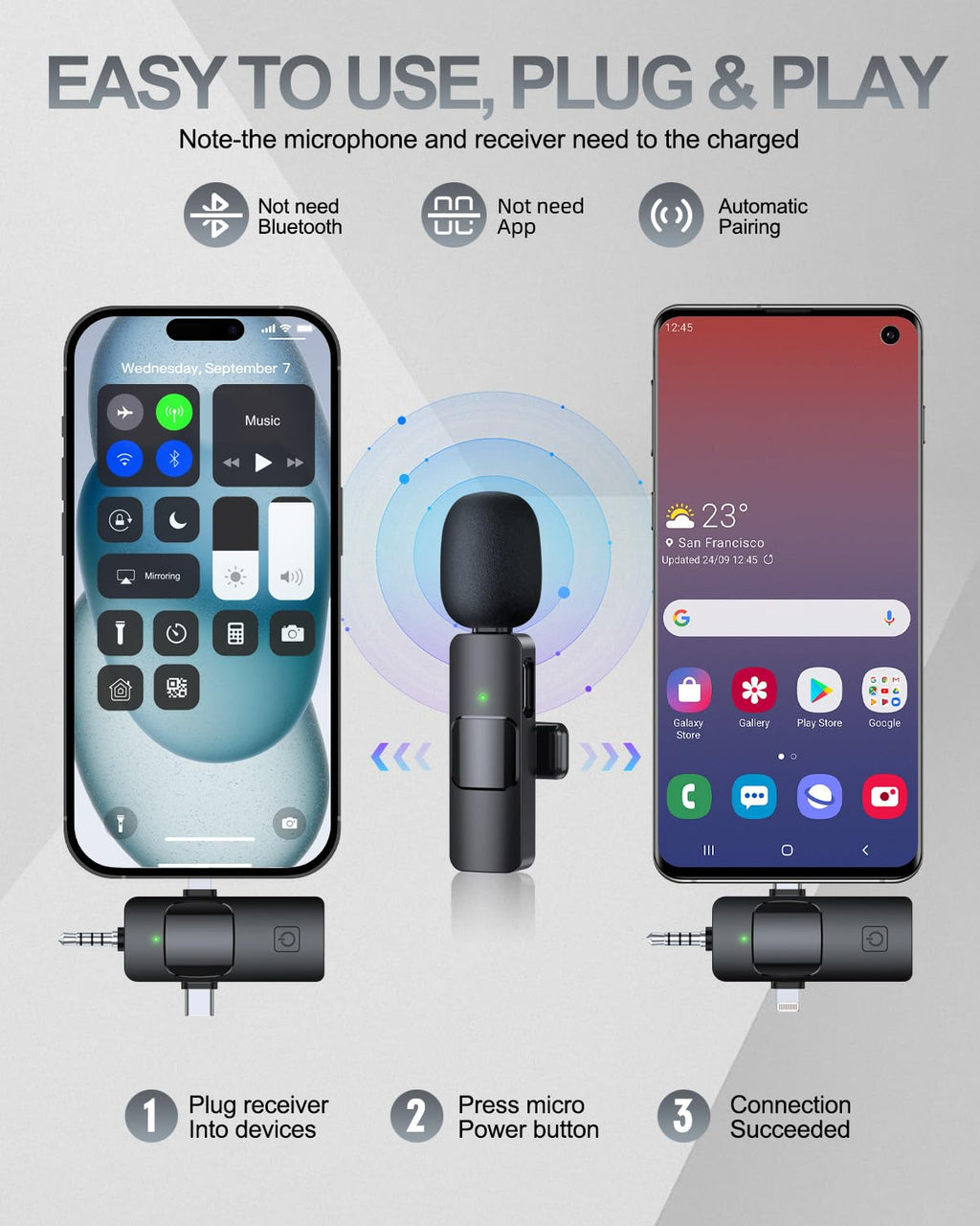 Micrófono Lavalier Inalámbrico 3 en 1 para iPhone, Android