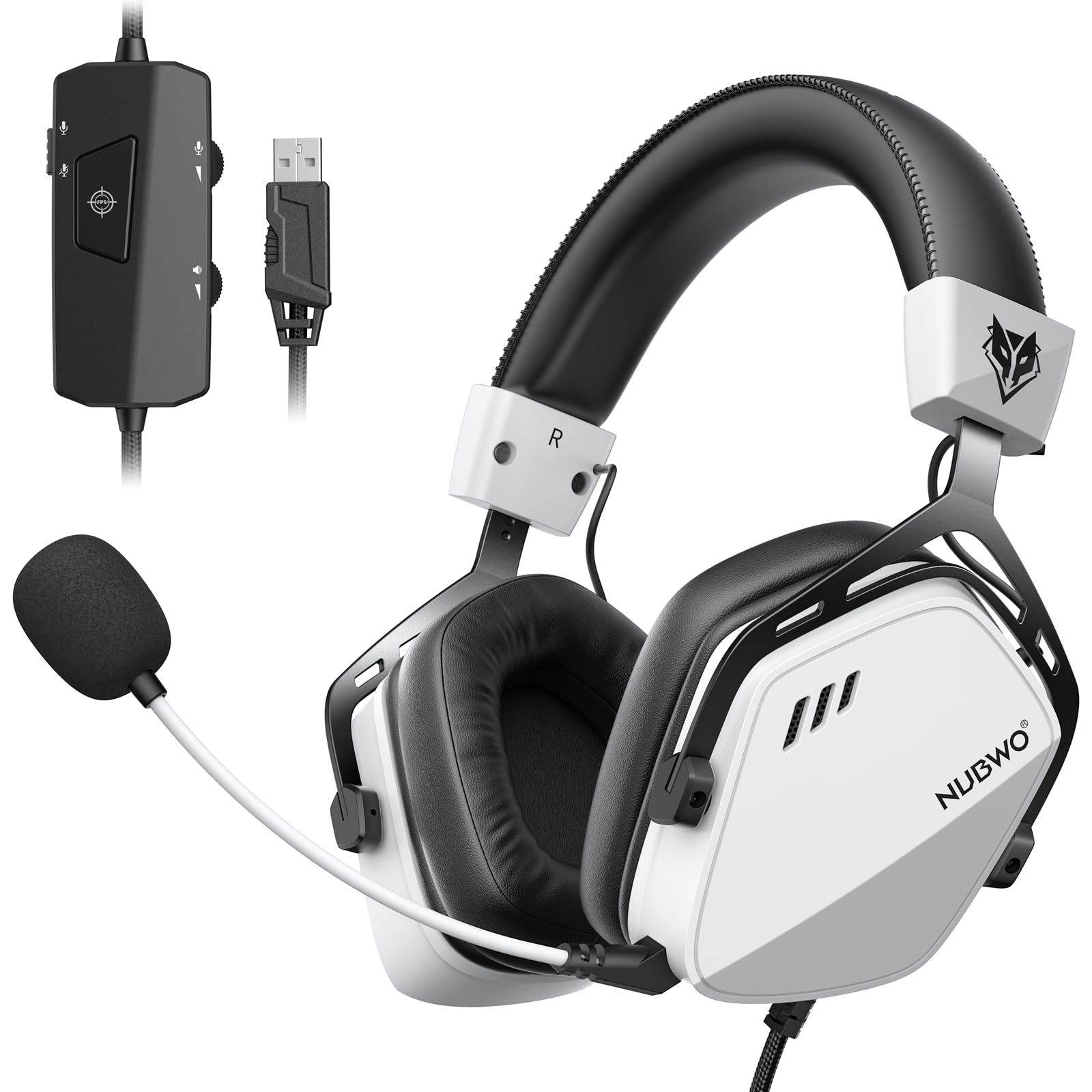 NUBWO HG03 Wired USB-A Gaming Headset for PC, Computer Headset with 7.1 Surround Sound, Noise Canceling Mic, 50MM Driver, Wired Headphones for PC, Laptop, Office - White