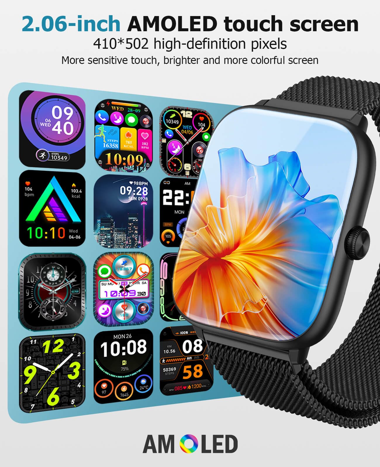 Smart Watch for Men with Blood Pressure Monitor, 2.06" AMOLED Always-On Display, IP68 Waterproof Fitness Tracker, 118 Sports Modes, Heart Rate/SpO2/Sleep Monitor, Compatible with Android iPhone