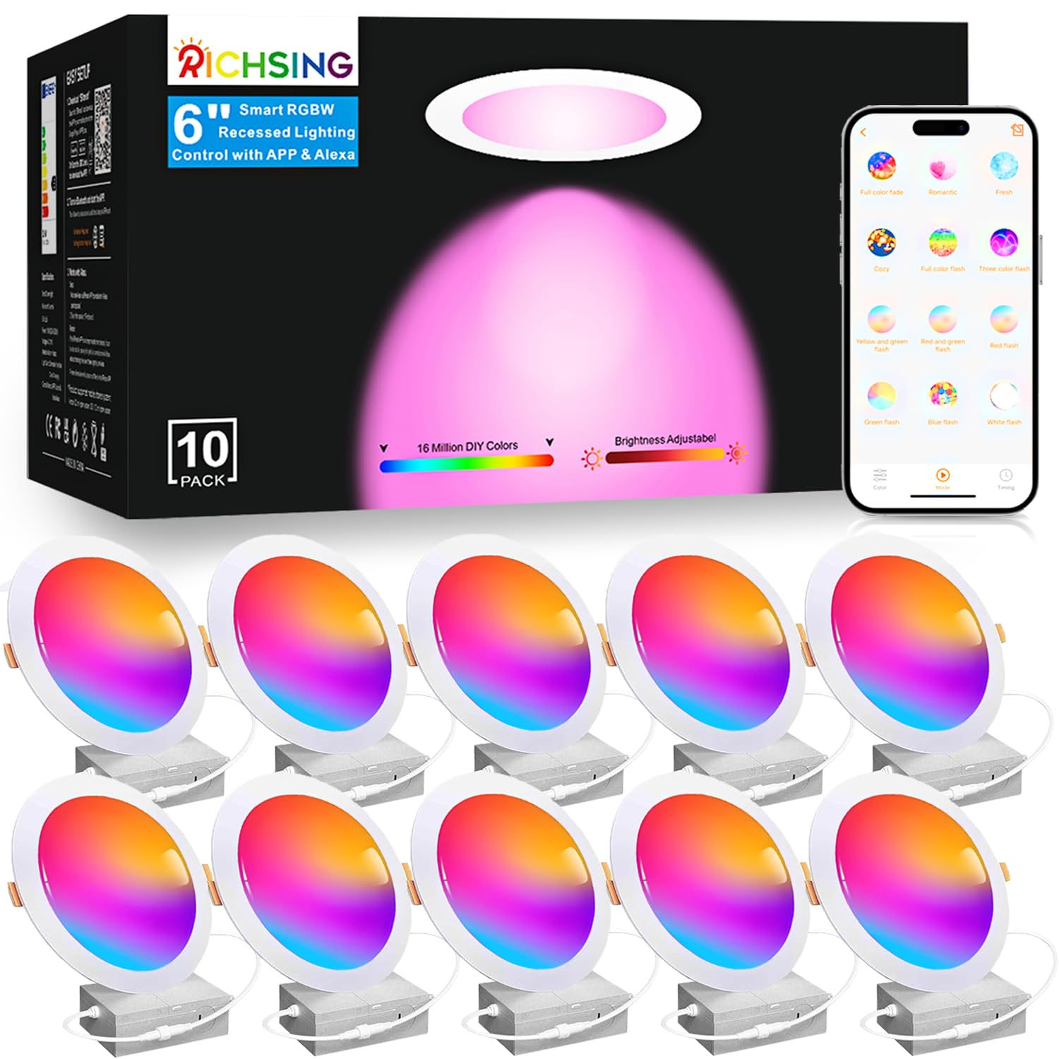 RICHSING 10 Pack 6 Inch LED Recessed Light 16W RGBCW Recessed Ceiling Lights Dimmable by Alexa & APP, 2700K-6000K 1350LM Recessed Lighting with Junction Box,16 Million Colors, DIY Scenes, 23 Modes