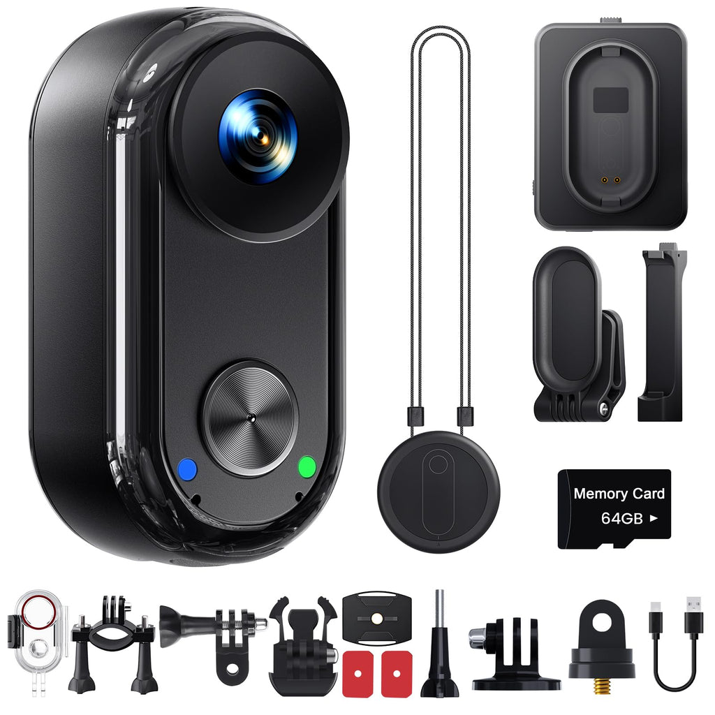 4K 30FPS Vlogging Camera, 64GB Hands-Free POV Camera, 98FT Waterproof Actioncamera with Case, Tiny Sport Cam 6-axis Stabilization, 150° Lightweight Thumb Bodycam 270min runtime, Mount Anywhere