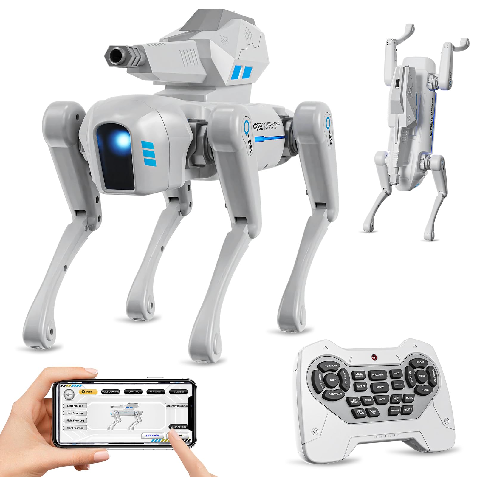 Smart Robot Dog Toy with Blaster — 30+ Actions, Bionic Walking, Voice & Remote Control, App Programming, 900mAh, STEM Gift for Kids Ages 6+, White