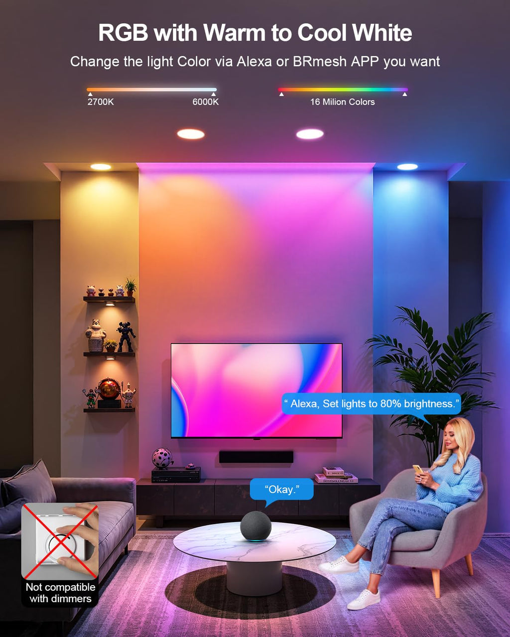 Smart RGBCW Recessed Lights Alexa App Control 6 Inch