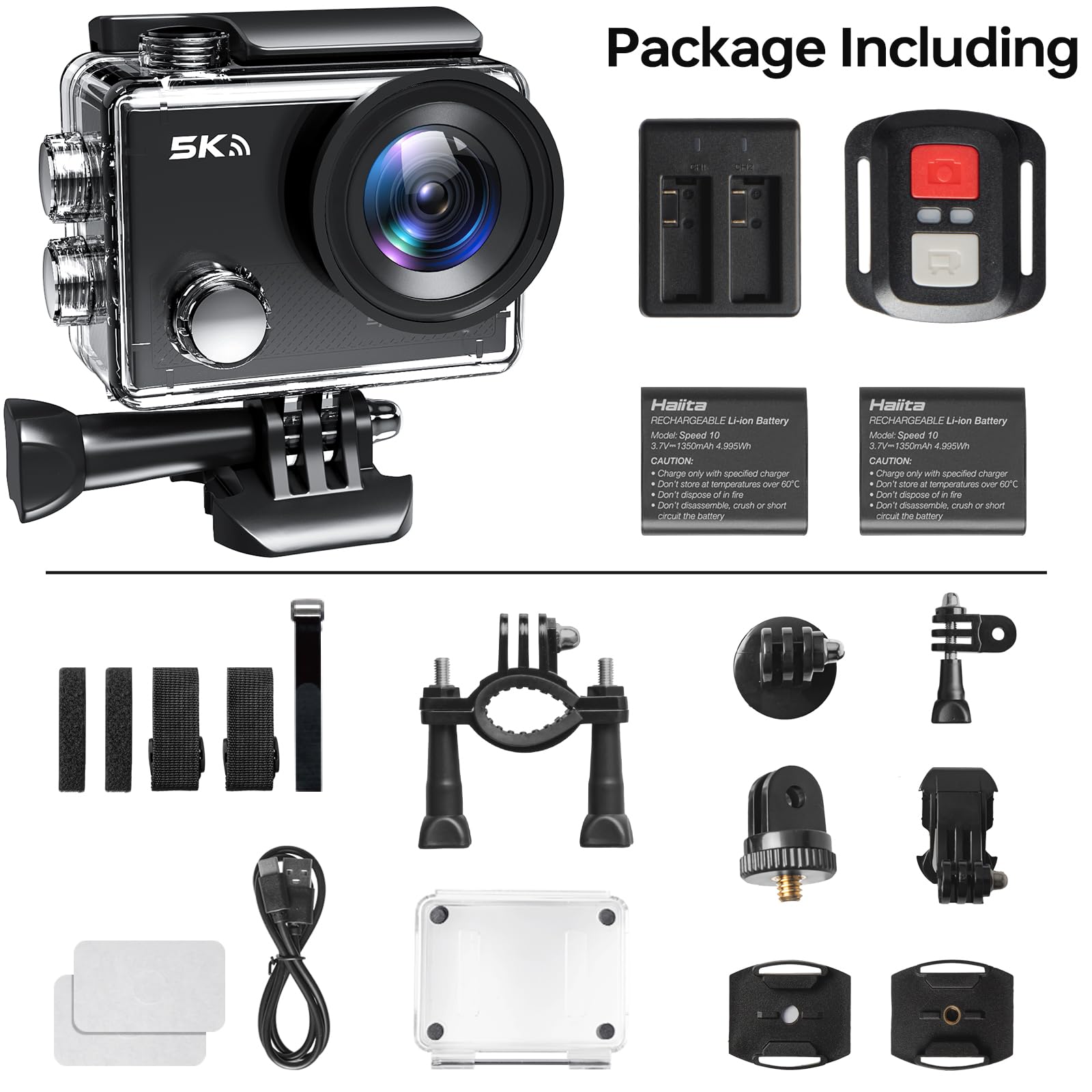 Action Camera 5K 30FPS Waterproof Camera Underwater 131FT with EIS WiFi App Remote Control 64GB Card 170° Wide Angle Sports Helmet Bike Video Black