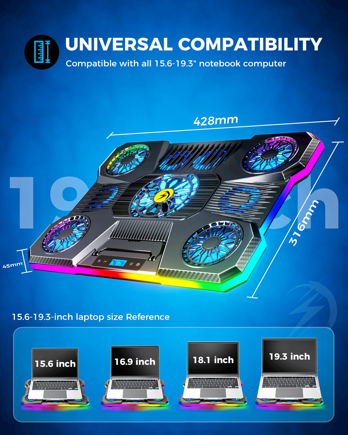 ChillCore Laptop Cooling Pad, RGB Lights Laptop Cooler 9 Fans for 15.6-19.3 Inch Laptops, Gaming Laptop Fan Cooling Pad with 8 Height Stands, 2 USB Ports - A21 Blue