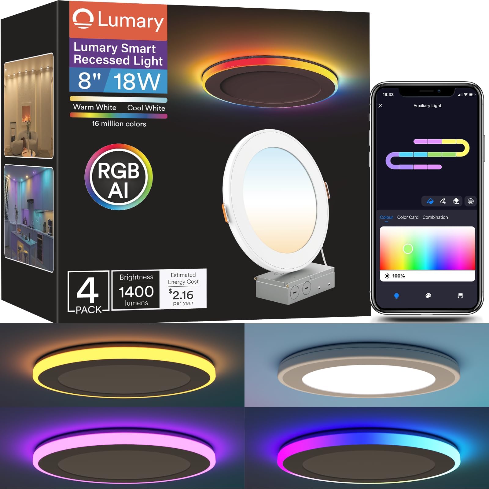 RGBAI Smart Recessed Lighting 8 Inch Gradient