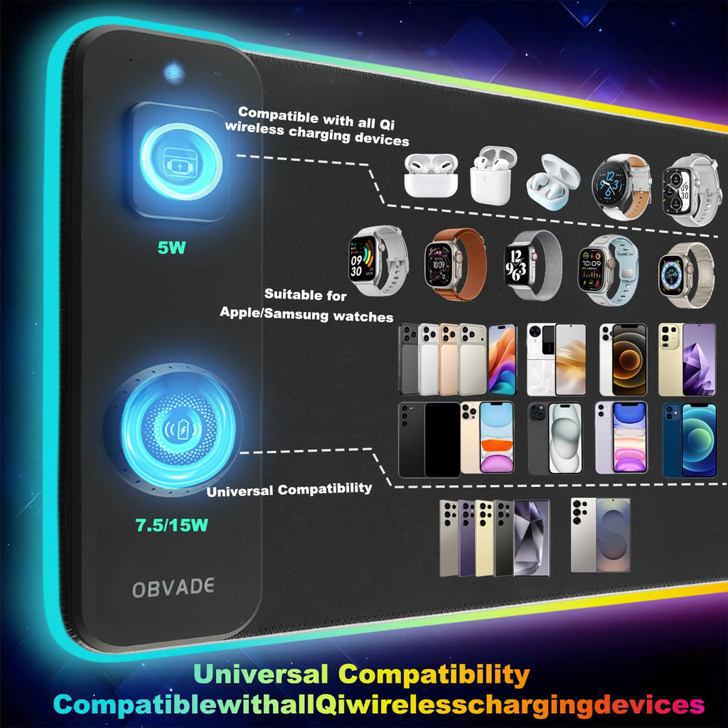 Коврик для мыши obvade XXL RGB, черный, для гейминга, большой коврик для стола, подставки под мышь для стола с быстрой беспроводной зарядкой 15 Вт и держателем для телефона, 11 режимов светодиодной подсветки, водонепроницаемый коврик, нескользящая основа