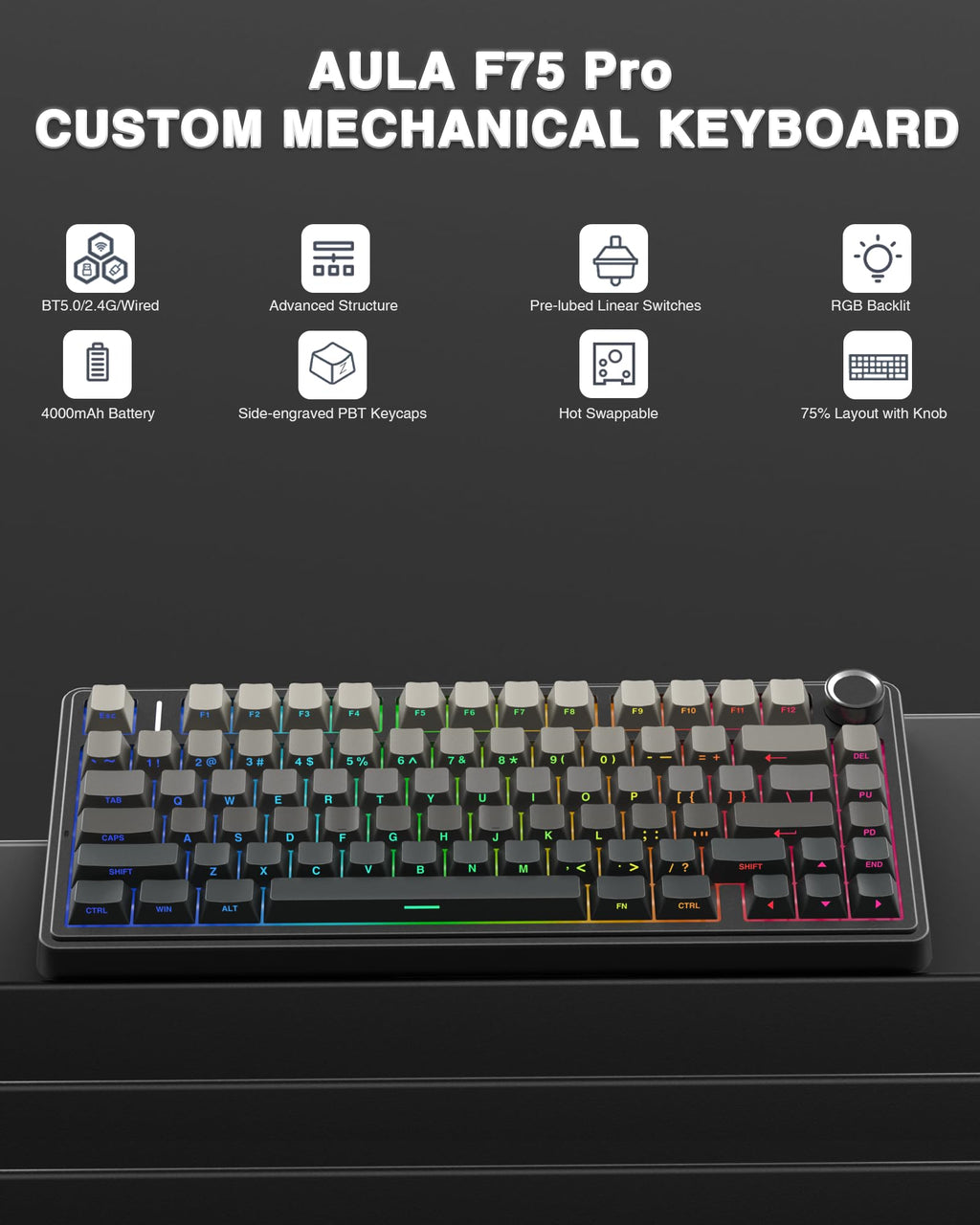 Teclado Mecánico Inalámbrico F75 Pro 75% Hot Swappable RGB