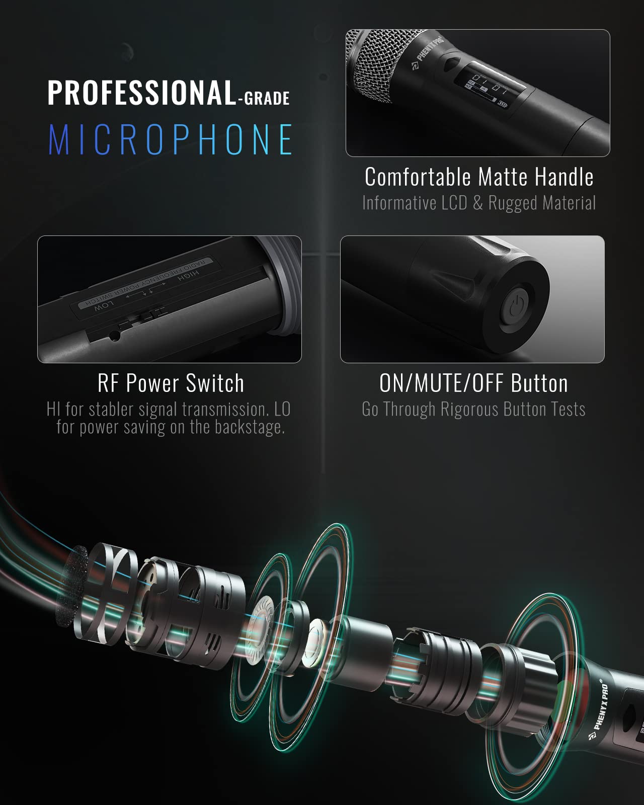 Phenyx Pro True Diversity Wireless Microphone System w/ 1000 Tunable Channels, Single Cordless Mic Set w/Auto Scan, UHF Professional Dynamic Microphone for Singing, Stage & Studio (PTU-1U)