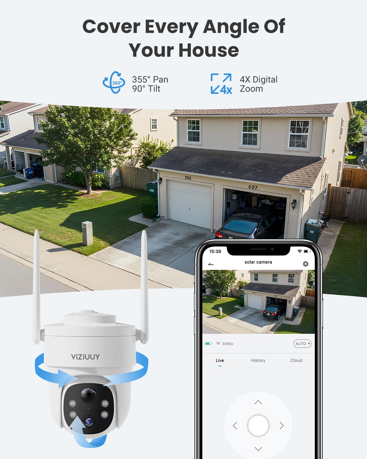 VIZIUUY Solar Security Cameras Wireless Outdoor, 2 Pack 3MP Security Cameras Wireless Outdoor, Pan Tilt 360°WiFi Camera with Color Night Vision/PIR Sensor/2-Way Audio/Alexa/Google Assistant