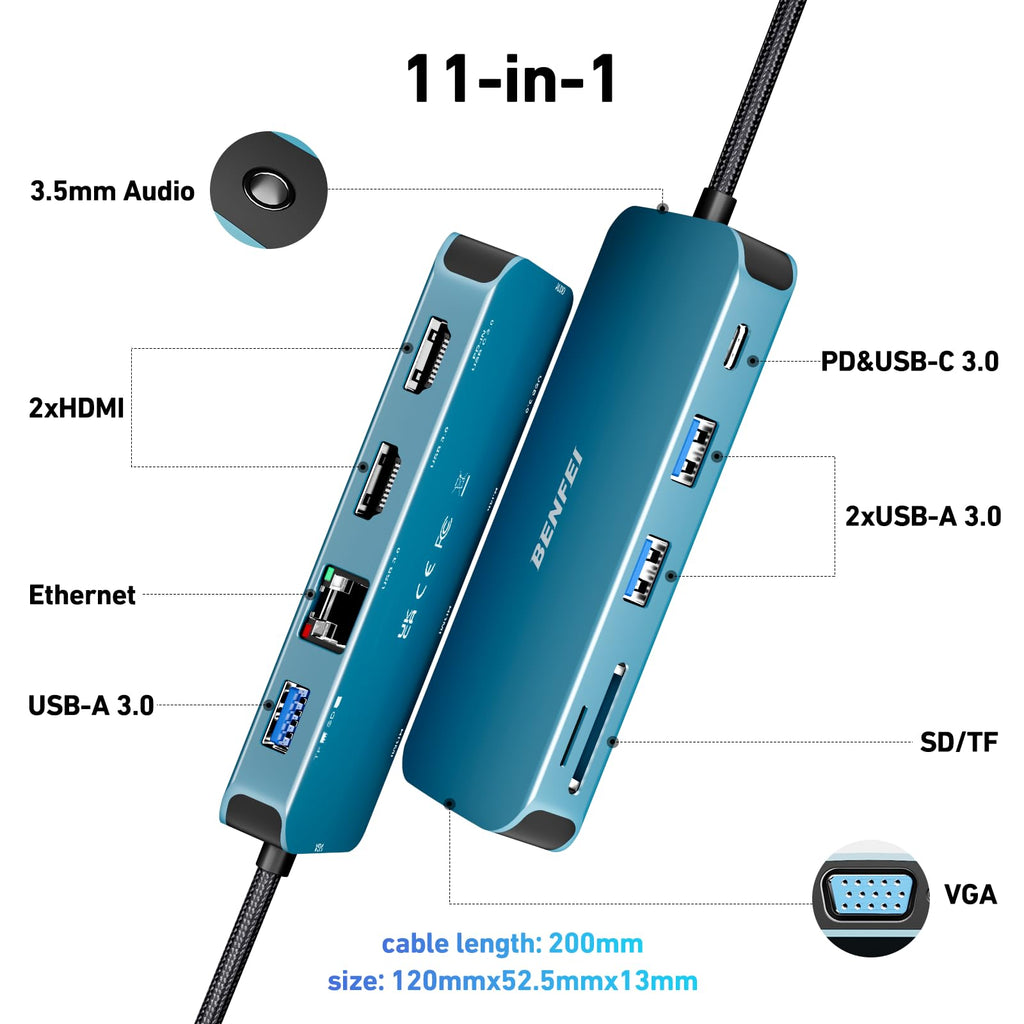 BENFEI 11-in-1 USB C Hub Triple Display Docking Station Dual HDMI, VGA, 3*USB 3.0, 1Gbps Ethernet, 100W Power Delivery, SD/TF Card Reader, 3.5mm AUX Audio Compatible with MacBook XPS Surface