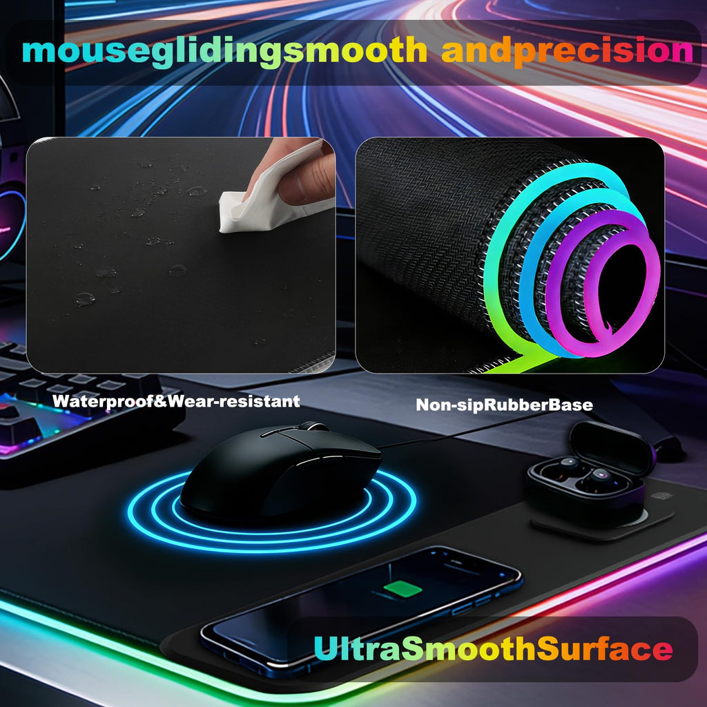 Коврик для мыши obvade XXL RGB, черный, для гейминга, большой коврик для стола, подставки под мышь для стола с быстрой беспроводной зарядкой 15 Вт и держателем для телефона, 11 режимов светодиодной подсветки, водонепроницаемый коврик, нескользящая основа