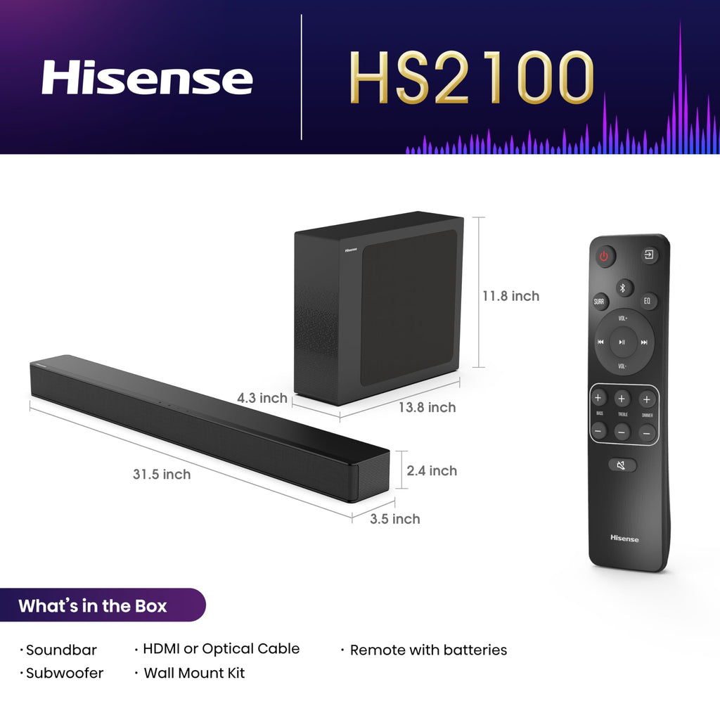 2.1 Channel 240W Sound Bar with Wireless Subwoofer HS2100
