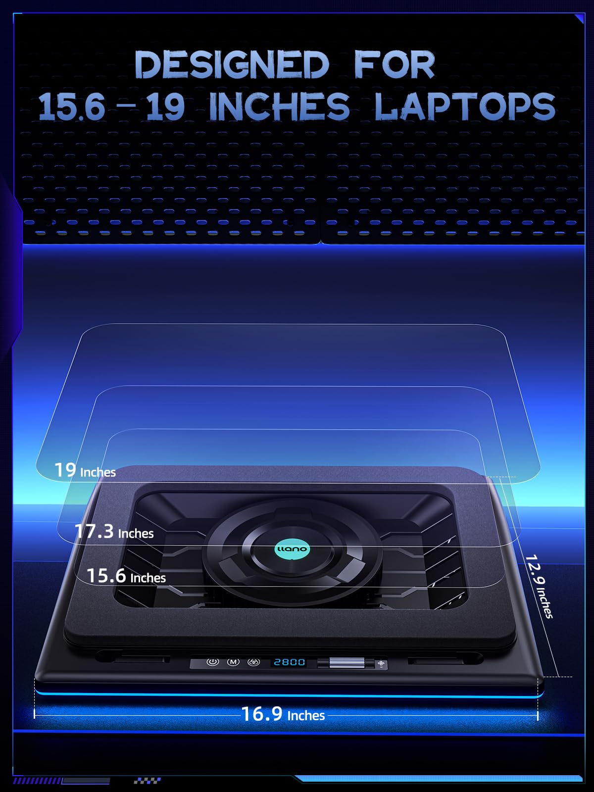 llano V12 Gaming Laptop Cooling Pad, RGB Laptop Cooler, Laptop Cooling Fan Stand with 5.5 Inch Powerful Turbofan, for 15.6-19in Laptop, Adjustable Speed, Dustproof, 3-Port USB Hub, Black (RGB)