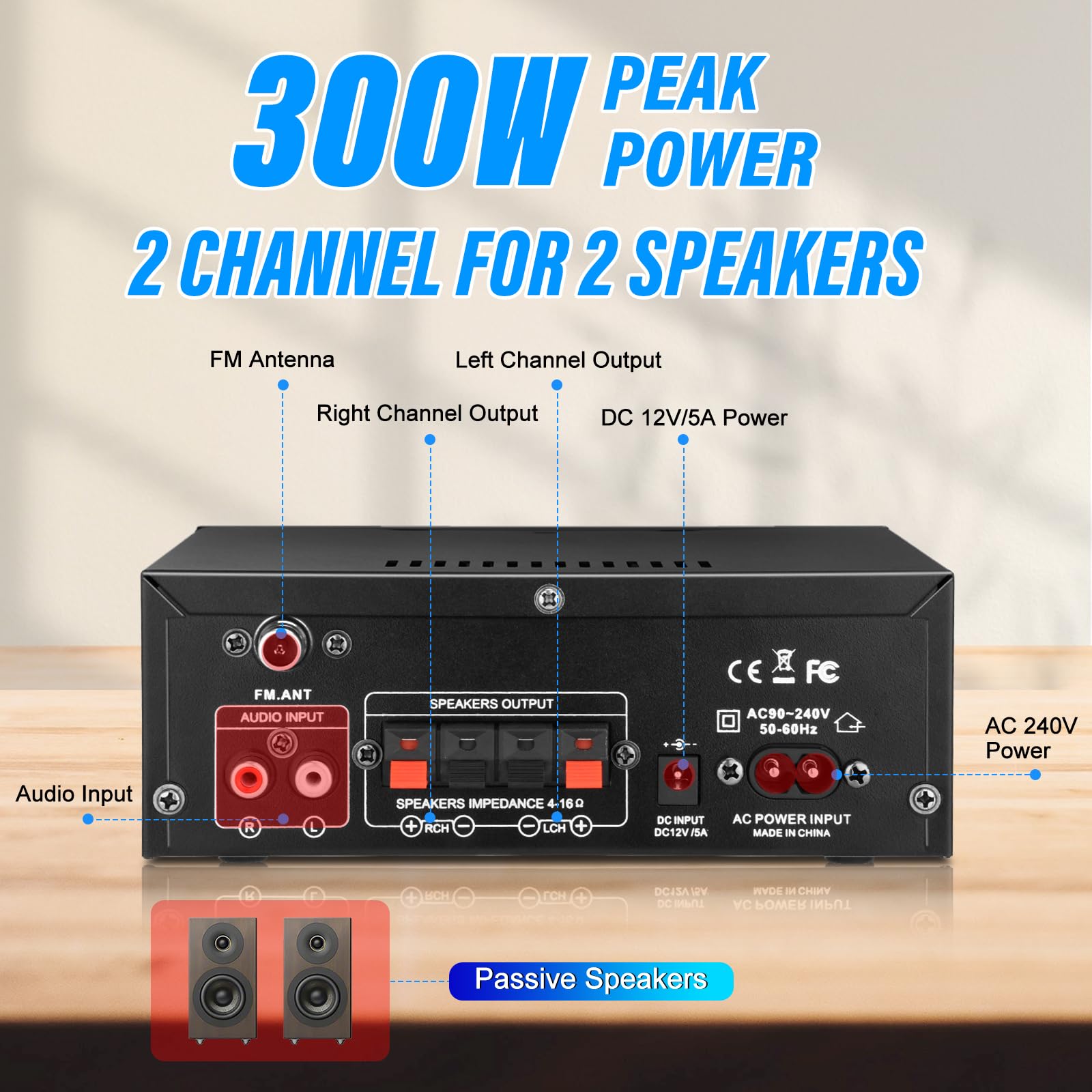Amplificador Estéreo 300W Bluetooth 5.0 FM USB SD AK45
