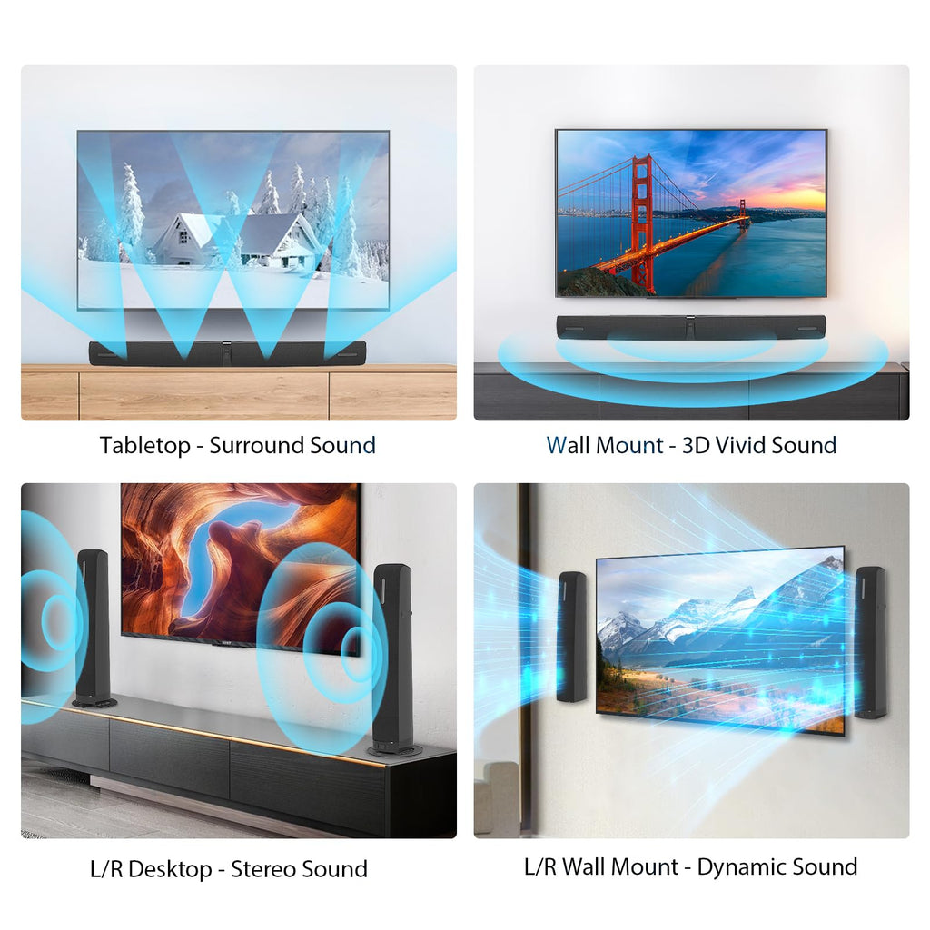 Саундбар Assistrust для Smart TV, саундбар 90 Вт с Bluetooth/ARC/оптическим/AUX подключением, автоматическое усиление громкости, 3 настраиваемых режима эквалайзера, отсоединяемый саундбар 2-в-1 для ТВ/ПК/игр/проекторов