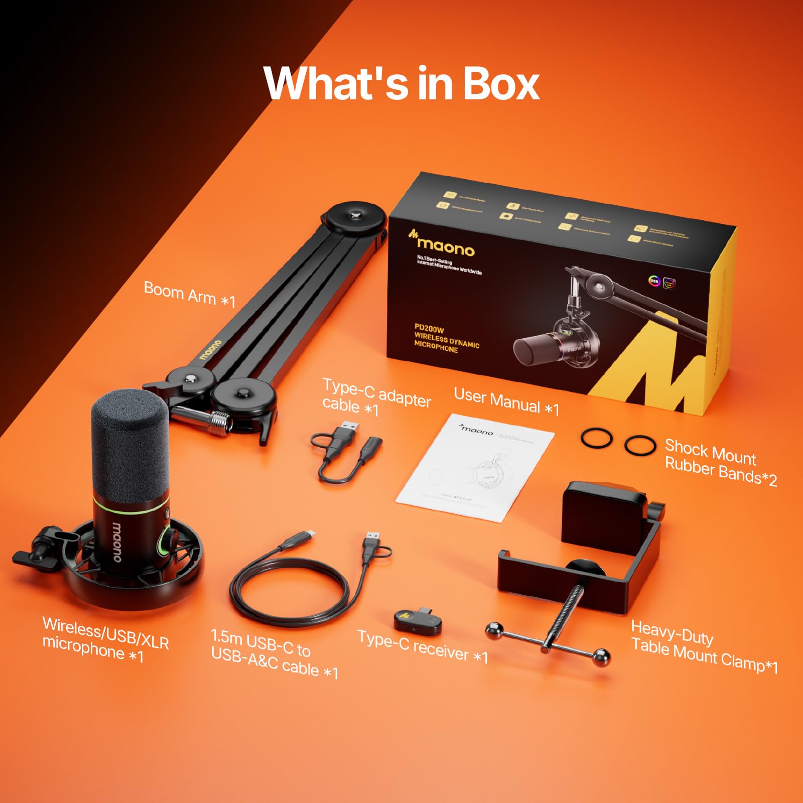 MAONO PD200W Hybrid Wireless Podcast Microphone for PC, XLR USB Dynamic Mic Kit with Boom Arm, Software, Noise Cancellation, for Vocal Recording, Streaming, Content Creation, Home Studio, Voiceover