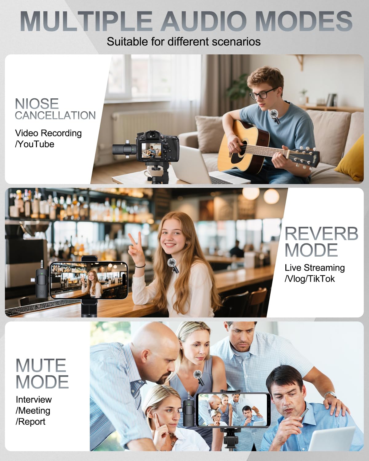 PQRQP 3 in 1 Professional Wireless Lavalier Microphone for iPhone, Android, Camera, Wireless Microphones, Mini Microphone, Crystal Clear Sound Quality for Recording, Live Streaming, Microphone Clips