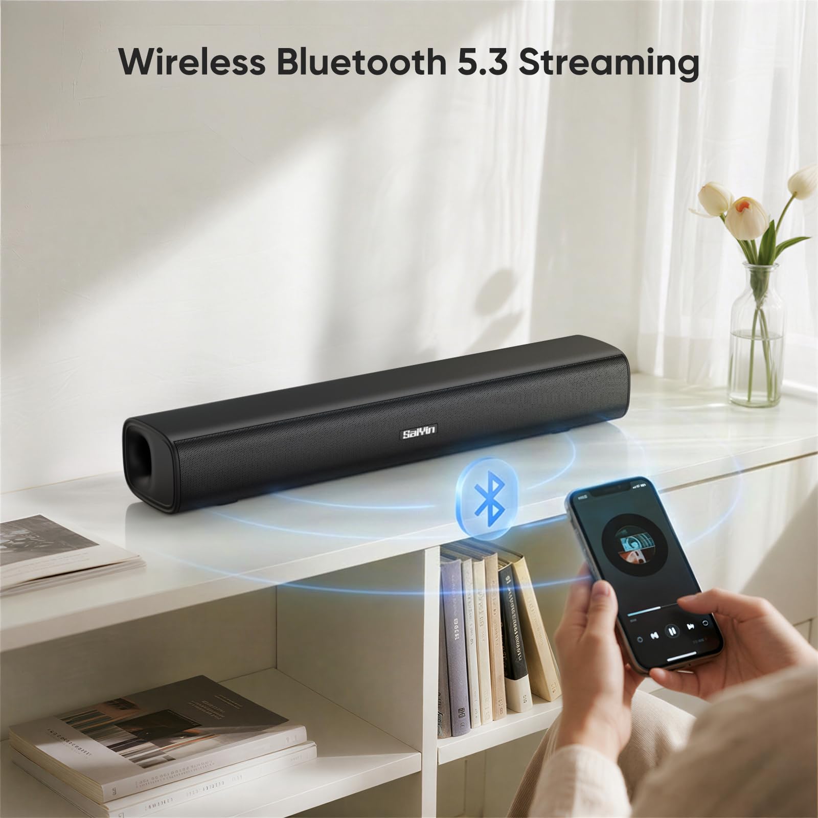 Saiyin Sound Bar for Smart TV,Balanced Sound,Soundbar with Bluetooth/TV-ARC/Optical/AUX Connect, Surround Sound for Home Theater Audio TV/PC/Gaming/Projectors,Wall Mountable