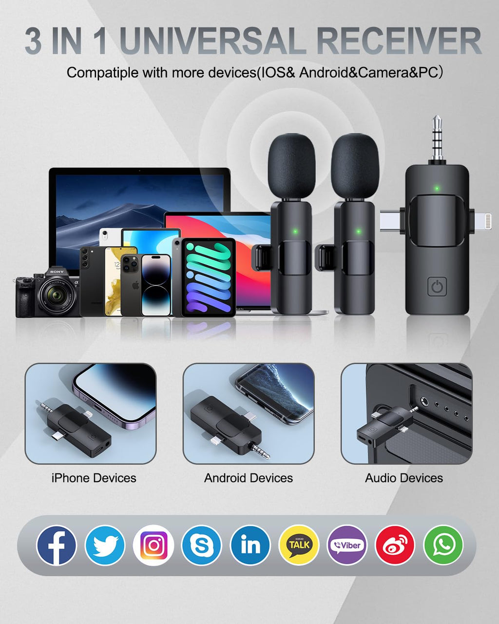 Micrófono Lavalier Inalámbrico 3 en 1 para iPhone, Android