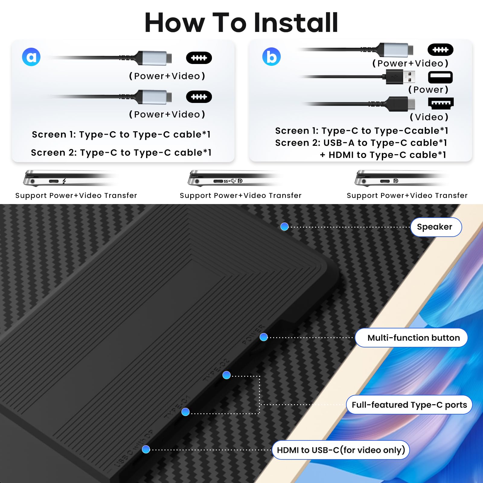Laptop Screen Extender, 15.6'' 1080P FHD Laptop Monitor Extender with 235°Rotation Detachable Dual Monitor, Plug & Play, Triple Screen for 13"-17.3" Laptops Compatible with Mac/Wins/Android/Dex