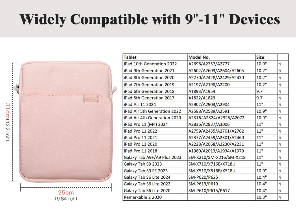TiMOVO 9-11 Inch Tablet Sleeve Bag with Shoulder Strap for iPad 11-inch A16 2025, iPad 10th Gen. 10.9"/10.2", Galaxy Tab A9+/A11Plus 11", Pink