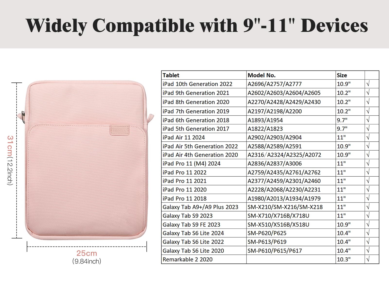 TiMOVO 9-11 Inch Tablet Sleeve Bag with Shoulder Strap for iPad 11-inch A16 2025, iPad 10th Gen. 10.9"/10.2", Galaxy Tab A9+/A11Plus 11", Pink
