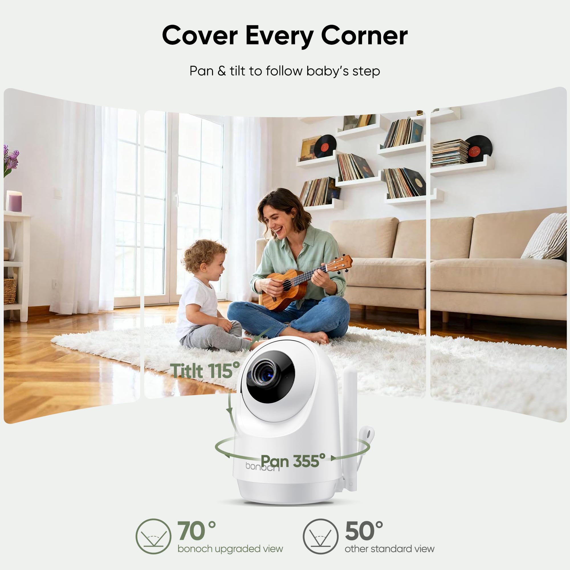 bonoch 7" Baby Monitor No WiFi, Upgraded 1080P HD MegaView Video Monitor with Camera and Audio, 6000mAh Battery, VOX Mode, Night Vision, Hack Proof, Remote PTZ, White Noise, Gifts for Parents