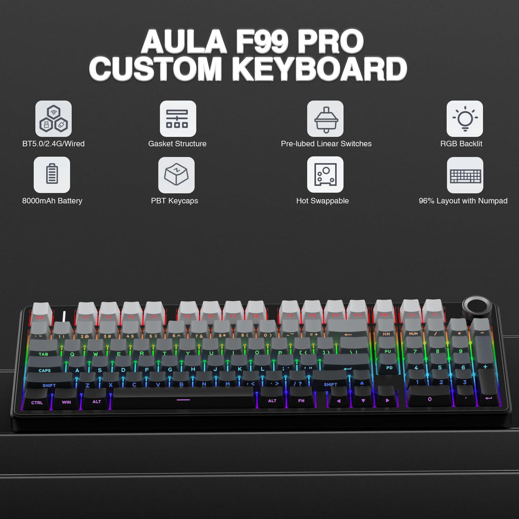 Teclado Mecánico Inalámbrico F99 Pro Intercambiable en Caliente Tri-Modo