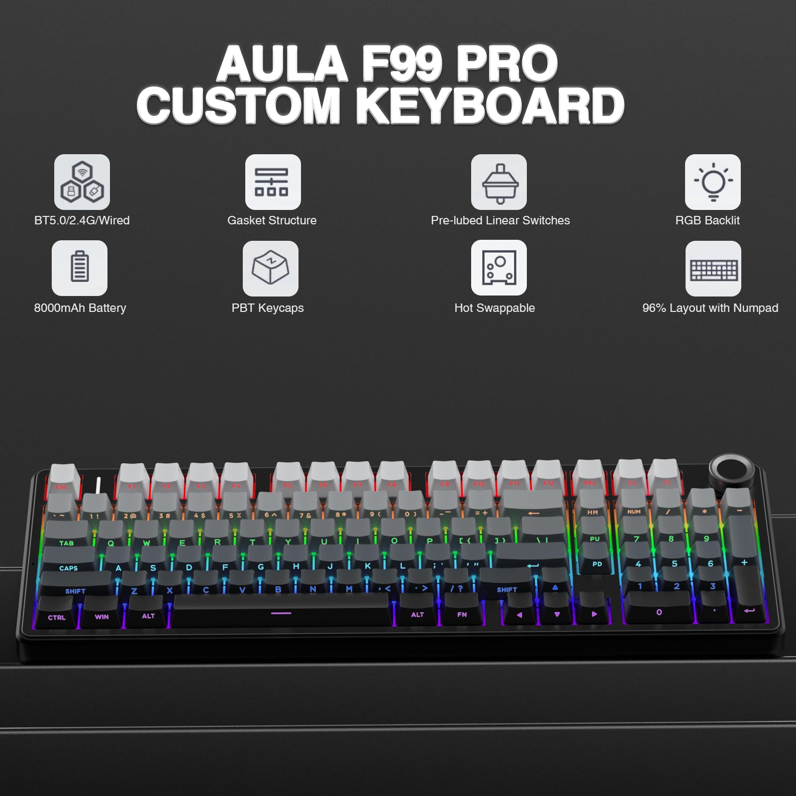 Teclado Mecánico Inalámbrico F99 Pro Intercambiable en Caliente Tri-Modo