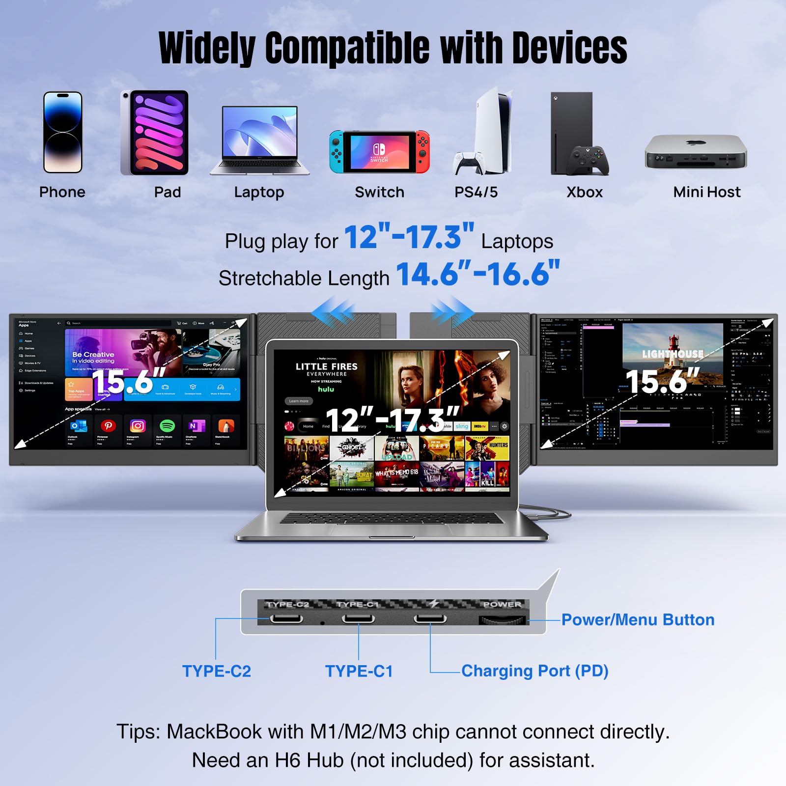 KEFEYA Laptop Screen Extender 15.6", 1080P FHD IPS Ultra-Slim Triple Portable Monitor for Laptop 12-17.3", Eyes Care HDR Travel Monitor, USB-C/HDMI Plug-Play Monitor Extender for macOS/Win and Phone