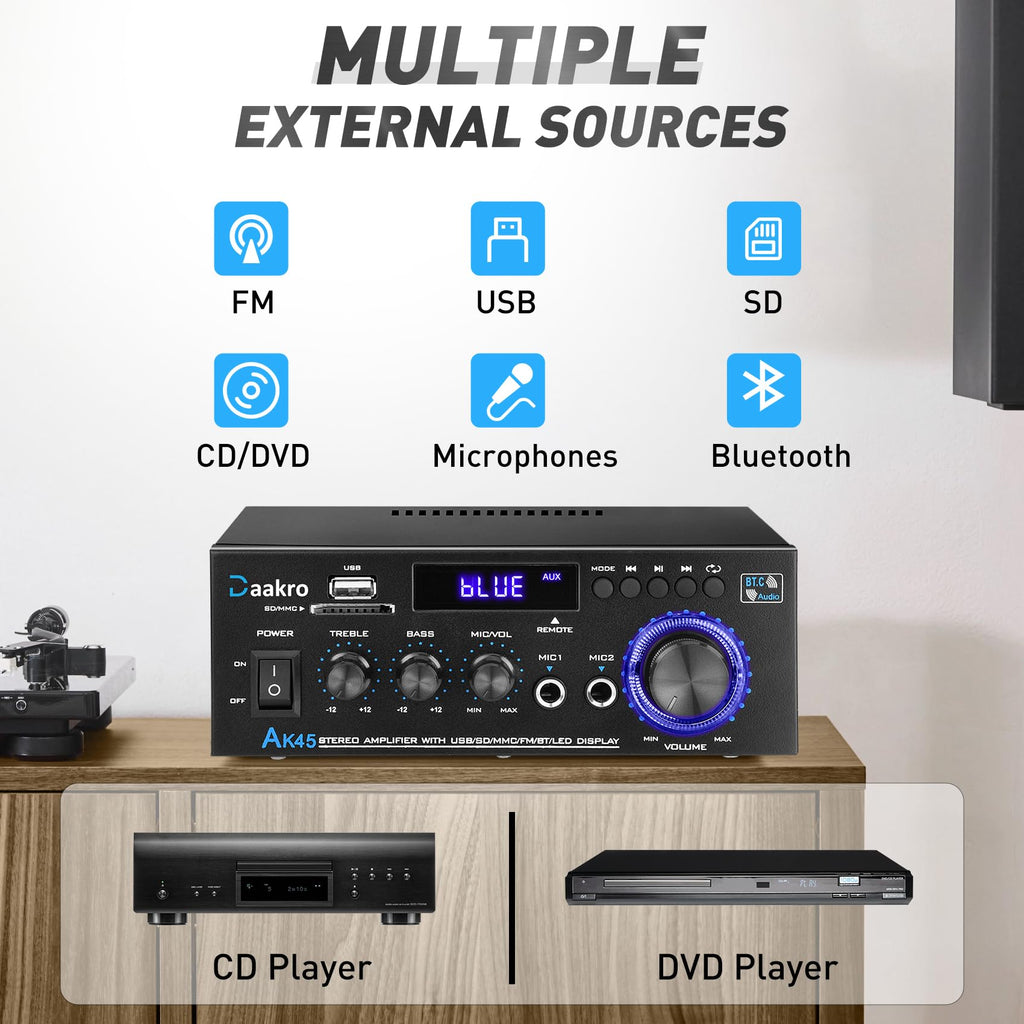 Amplificador Estéreo 300W Bluetooth 5.0 FM USB SD AK45