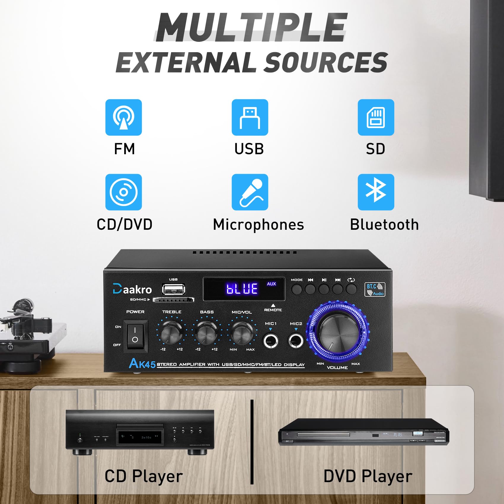 Amplificador Estéreo 300W Bluetooth 5.0 FM USB SD AK45