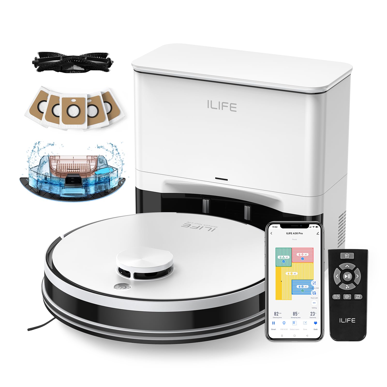 ILIFE A30 Pro Robot Vacuum and Mop, Self Emptying Station for 60 Days, 5000Pa Suction, LiDAR Navigation, No-Go Zones, 2.4G WiFi/App/Alexa/Remote Control, Clean Hard Floors to Medium-Pile Carpet, 110V