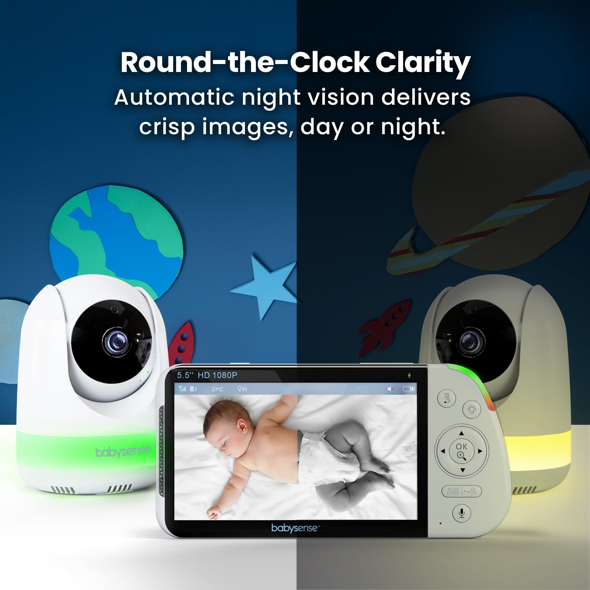 Babysense PRO Full HD 5.5" Split Screen Baby Monitor with 2 Cameras, 6-Color Night Light, White Noise, Sound & Light Machine, 20-Hour Battery, Hack-Proof Non-WiFi Secure Connection