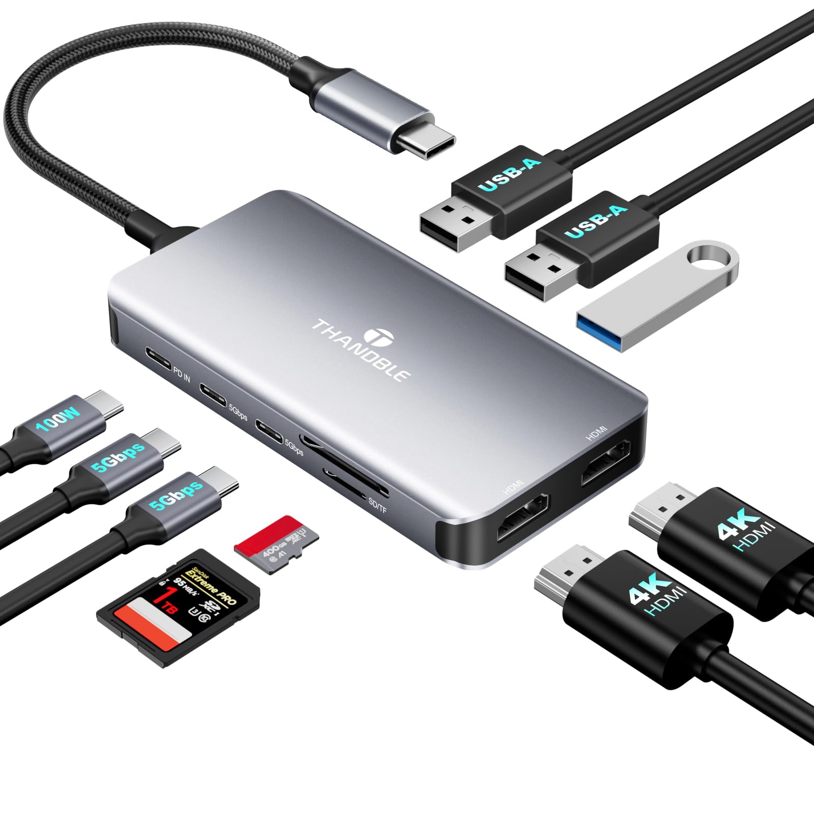 THANDBLE USB C Docking Station Dual Monitor, 10 in 1 USB C Hub Multiport Adapter, 4K HDMI Port, 100W PD, SD/Micro, USB-C 3.0, USB-A 3.0/2.0, Laptop Dock Station for Mac/HP/Dell XPS/Lenovo Laptop