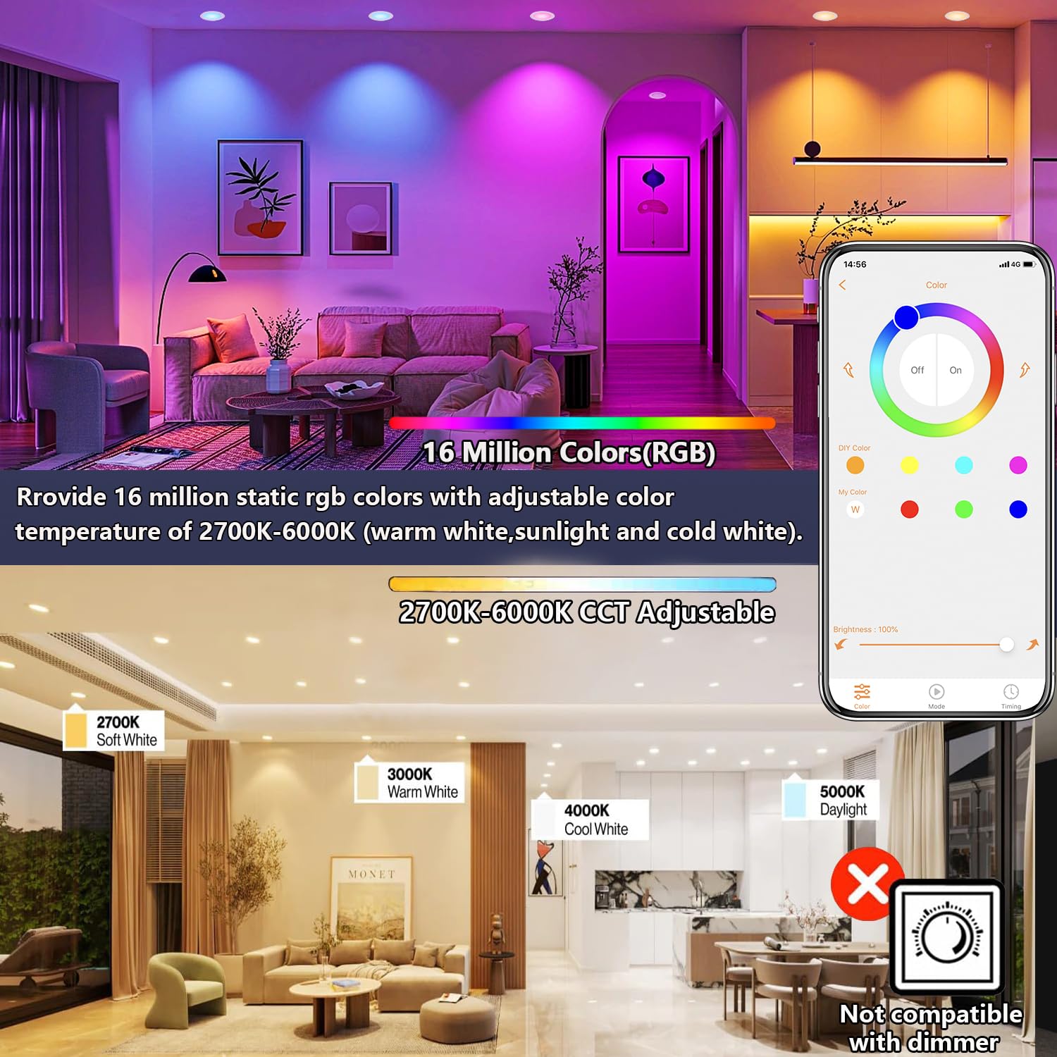 10 упаковка 6-дюймовых умных встраиваемых светодиодных светильников RGBCW