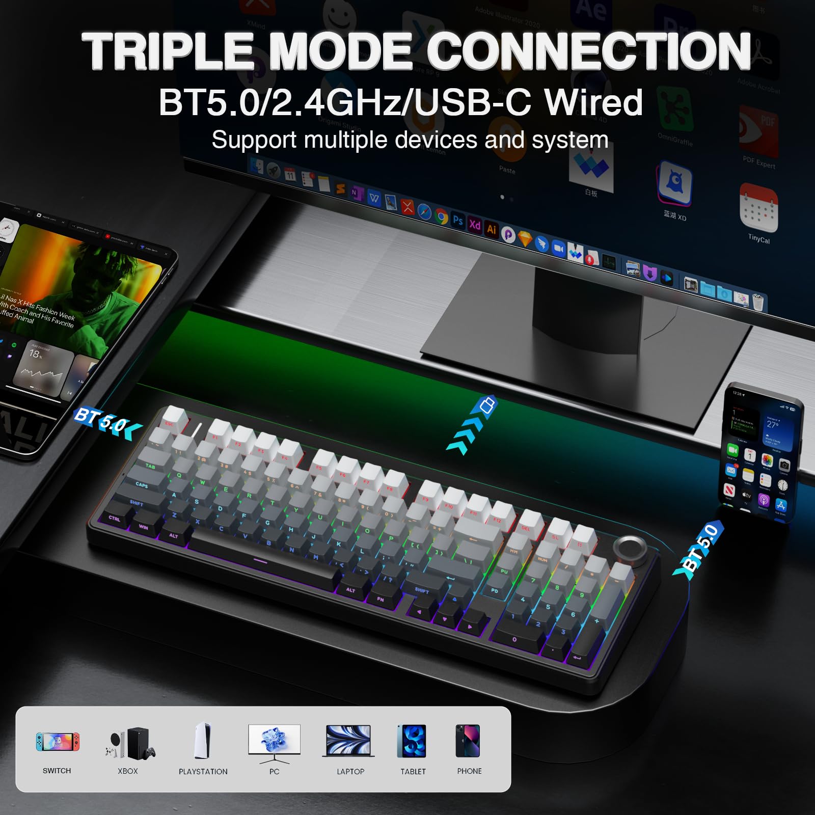 Teclado Mecánico Inalámbrico F99 Pro Intercambiable en Caliente Tri-Modo