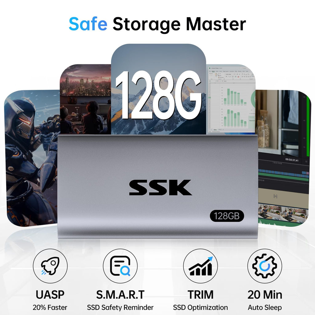 SSK 128GB SSD External Hard Drive, Portable SSD Up to 550MB/s Fast Solid State Drives, External Drive USB 3.2 Gen2 for iPhone 15/Pro, Windows, Mac, Android with LED Light, Trim, SMART Supported
