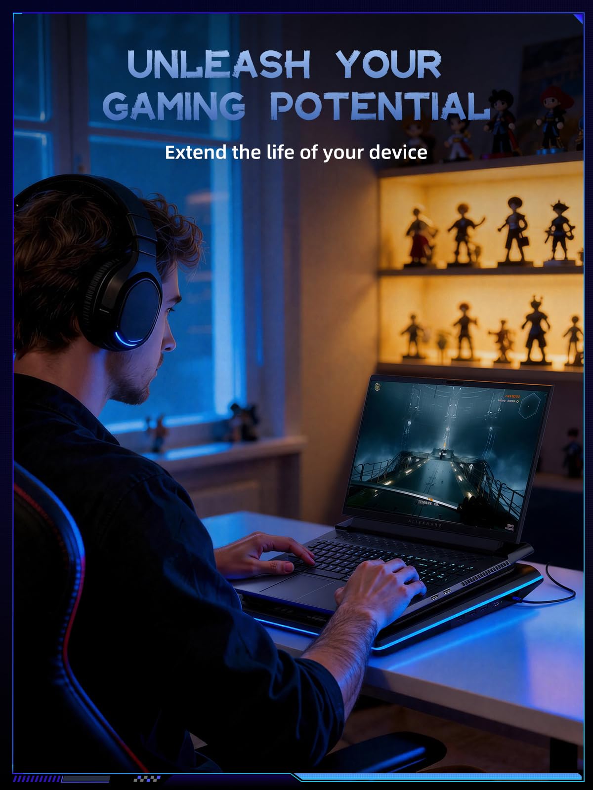 llano V12 Gaming Laptop Cooling Pad, RGB Laptop Cooler, Laptop Cooling Fan Stand with 5.5 Inch Powerful Turbofan, for 15.6-19in Laptop, Adjustable Speed, Dustproof, 3-Port USB Hub, Black (RGB)