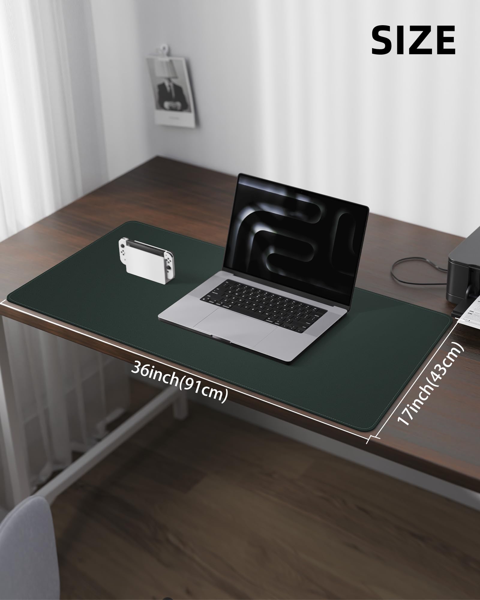 Защитный коврик из кожи для стола, большой коврик для мыши и нескользящая подкладка, водонепроницаемый коврик-блоттер из искусственной кожи для офиса и дома (темно-зеленый, 91,44 см x 43,18 см)