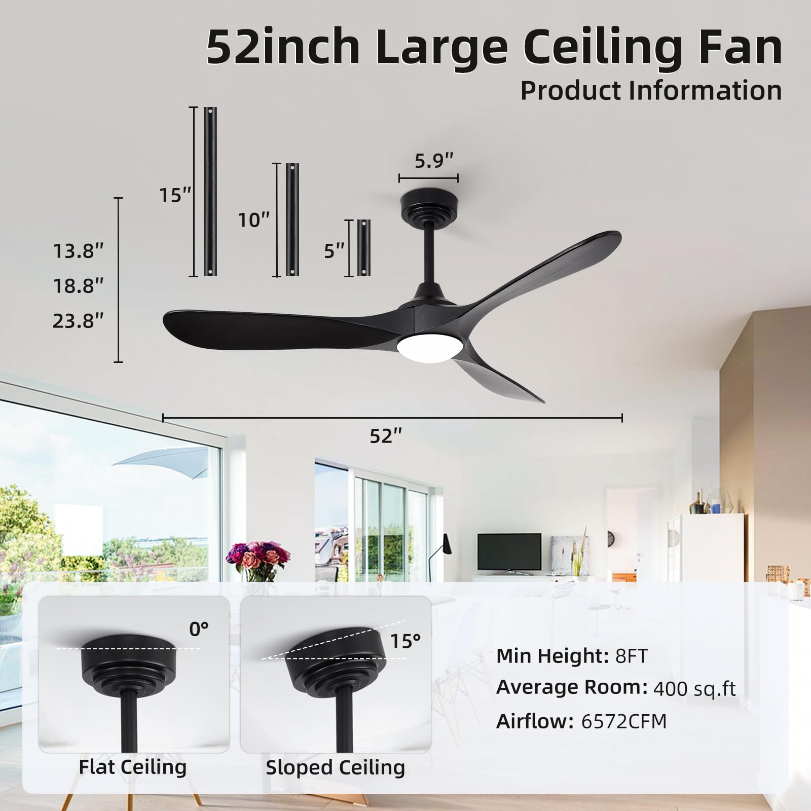 Homlit 52” Outdoor Ceiling Fan with Light and Remote via WiFi Alexa, 3 Black Solid Wood Blade, Noiseless Reversible Dc Motor, Smart Outdoor Wood Ceiling Fan for Farmhouse Patios, Black