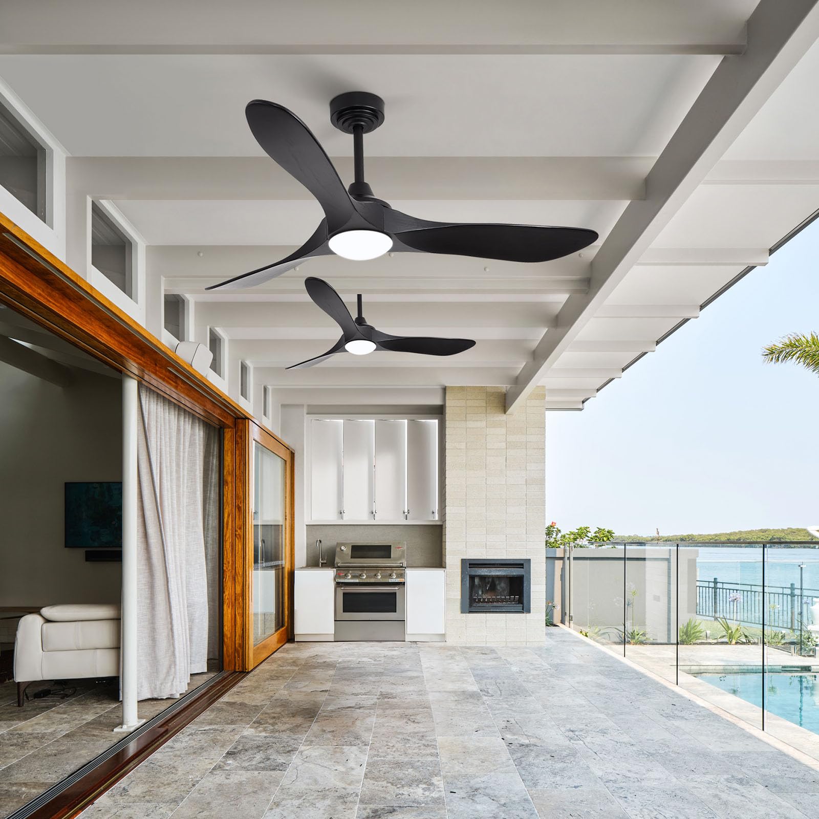 Homlit 52” Outdoor Ceiling Fan with Light and Remote via WiFi Alexa, 3 Black Solid Wood Blade, Noiseless Reversible Dc Motor, Smart Outdoor Wood Ceiling Fan for Farmhouse Patios, Black