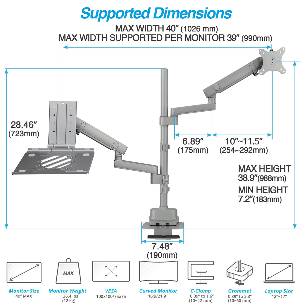 Dual Monitor Arm Pole Top Mount with USB-C