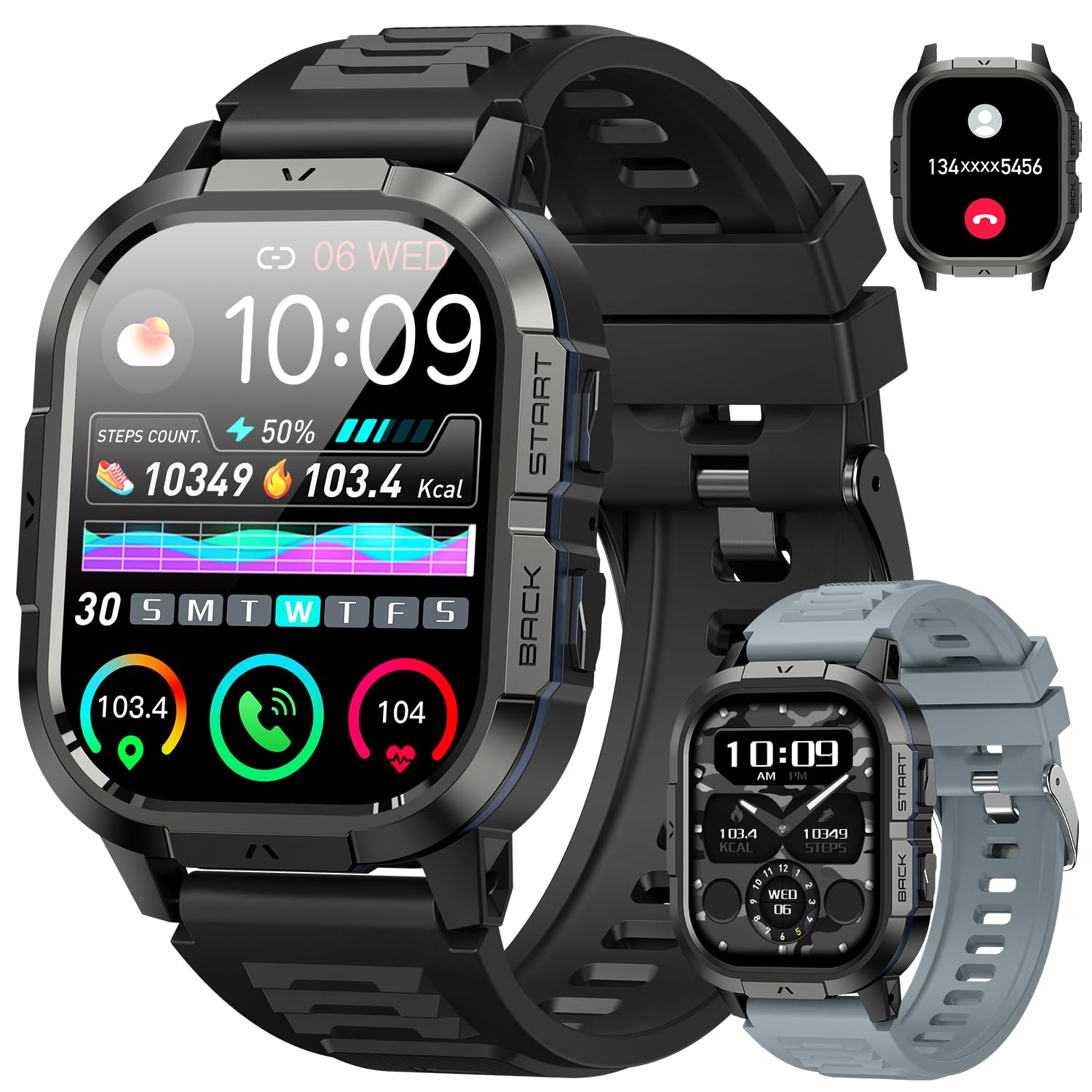 Smart Watch for Men Fitness Tracker: Make/Answer Call Military Smart Watches for Men Digital Mens Watches Running Waterproof Smartwatch Android Phones iPhone Samsung Compatible Heart Rate Monitor
