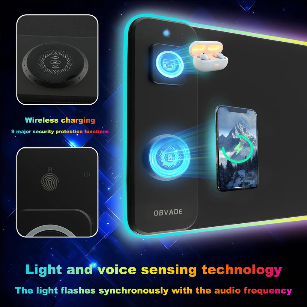 Коврик для мыши obvade XXL RGB, черный, для гейминга, большой коврик для стола, подставки под мышь для стола с быстрой беспроводной зарядкой 15 Вт и держателем для телефона, 11 режимов светодиодной подсветки, водонепроницаемый коврик, нескользящая основа